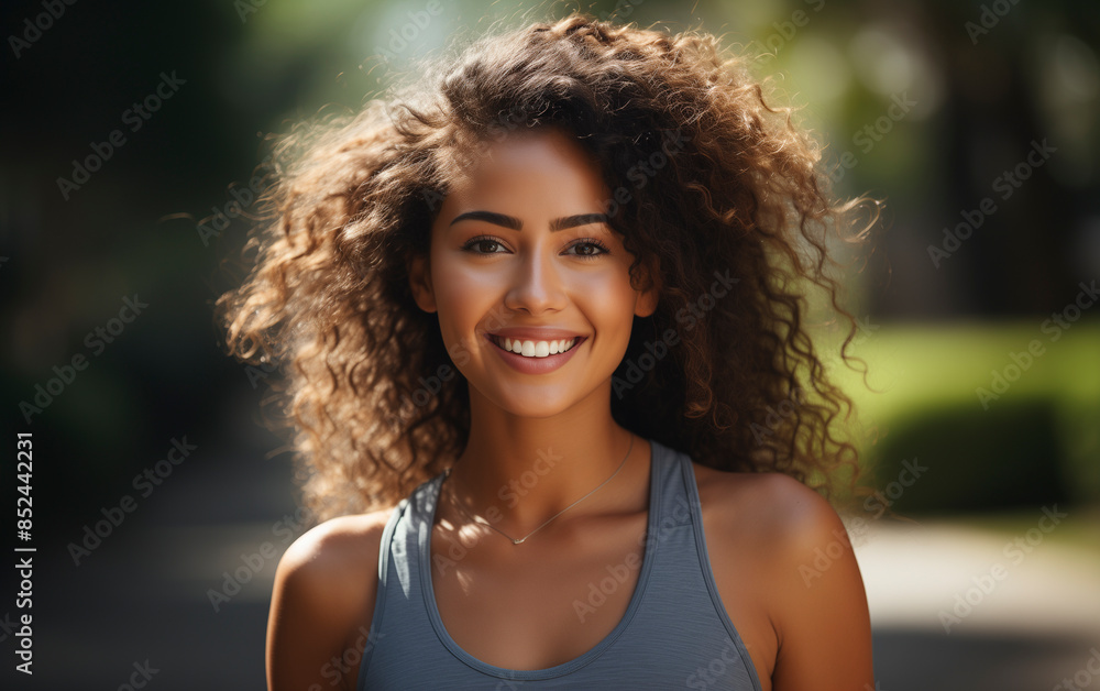 Close-up portrait of a young woman smiling brightly after a run.