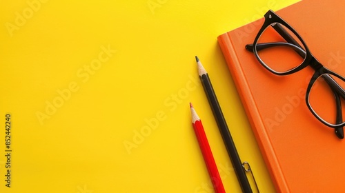 Yellow background with pencil orange daybook and red black glasses Concept idea with text space Overhead perspective