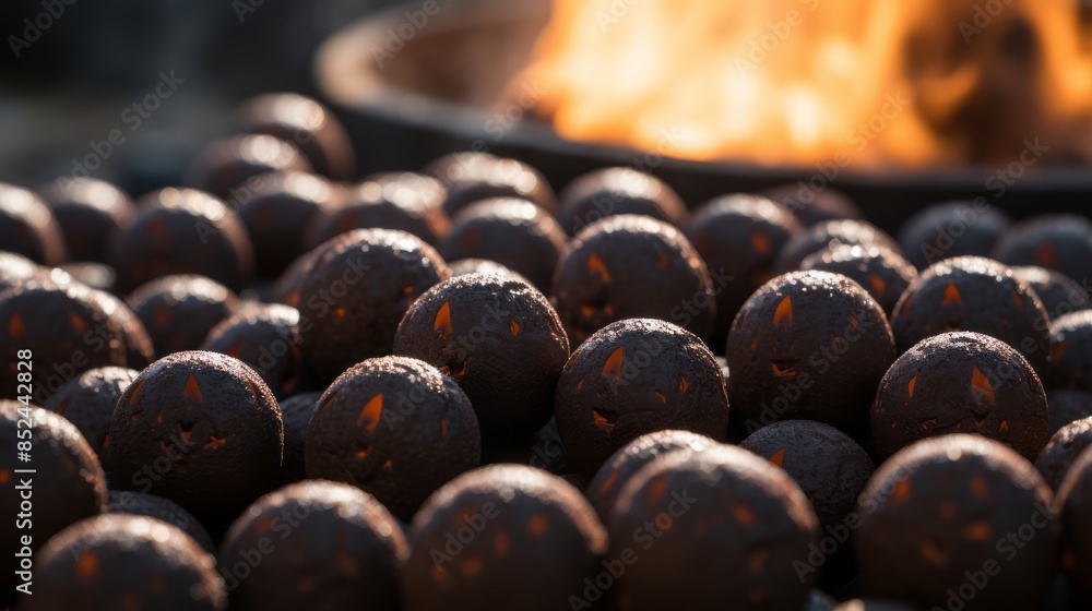 a pile of chocolate balls in front of a fire a pile of chocolate balls in front of a fire