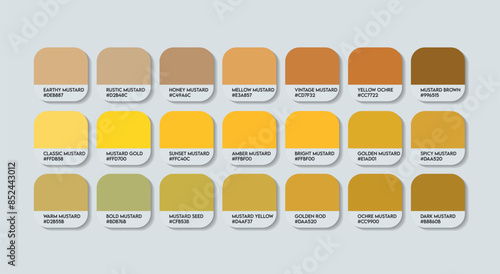 Mustard Color Palette, Mustard Color Guide Palette with Color Names. Catalog Samples Mustard with RGB HEX codes and Names. Mustard Colour Palette Vector, Fashion Trend Yellow Color Palette Vector