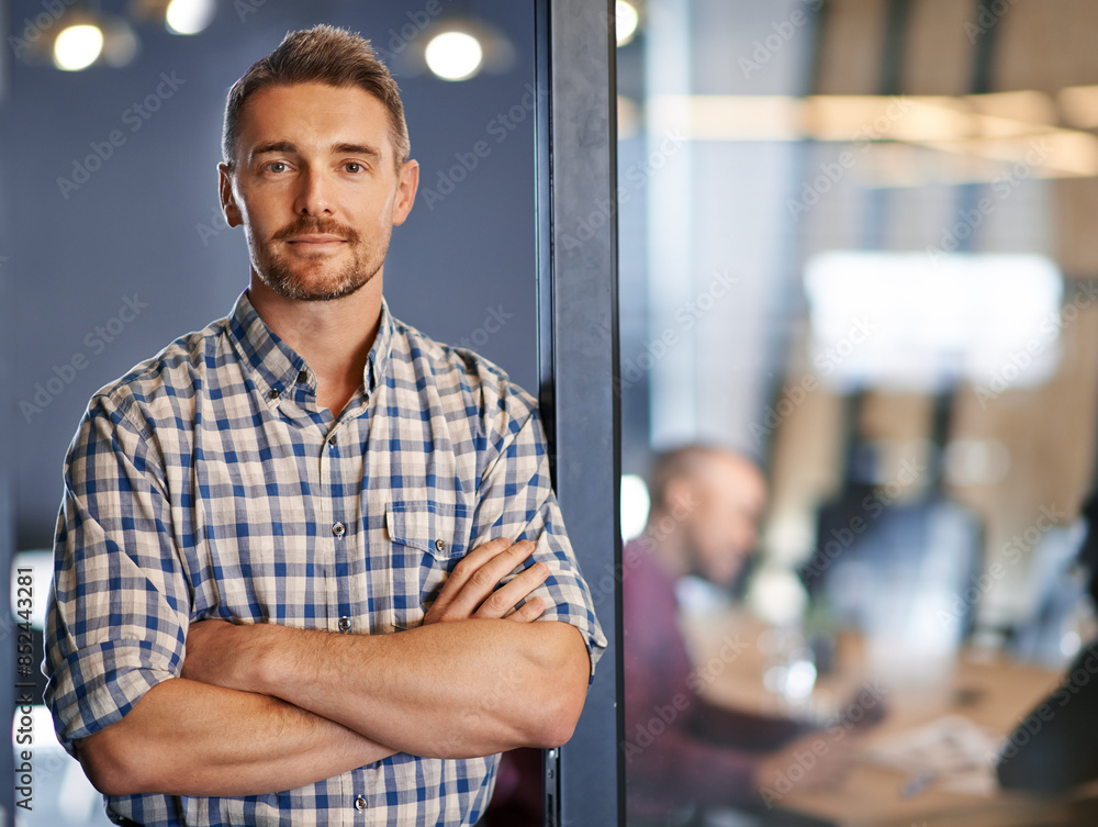 Portrait, business and man confident in office as designer with ideas, planning and growth of startup company. Male person, pride and arms crossed for solution, information and research of project Portrait, business and man confident in office as designer with ideas, planning and growth of startup company. Male person, pride and arms crossed for solution, information and research of project