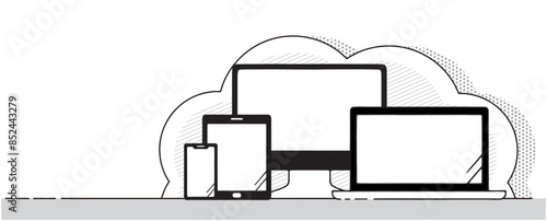 電子機器のセットと雲の背景