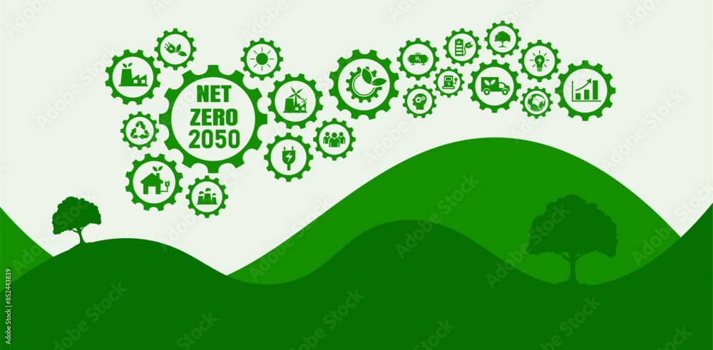 Net Zero GHG Emissions by 2050 Carbon Neutral, Net Zero GHG Emissions Target, Long-term Climate Neutrality Strategy with Green Icons, Vector Illustration Net Zero GHG Emissions by 2050 Carbon Neutral, Net Zero GHG Emissions Target, Long-term Climate Neutrality Strategy with Green Icons, Vector Illustration