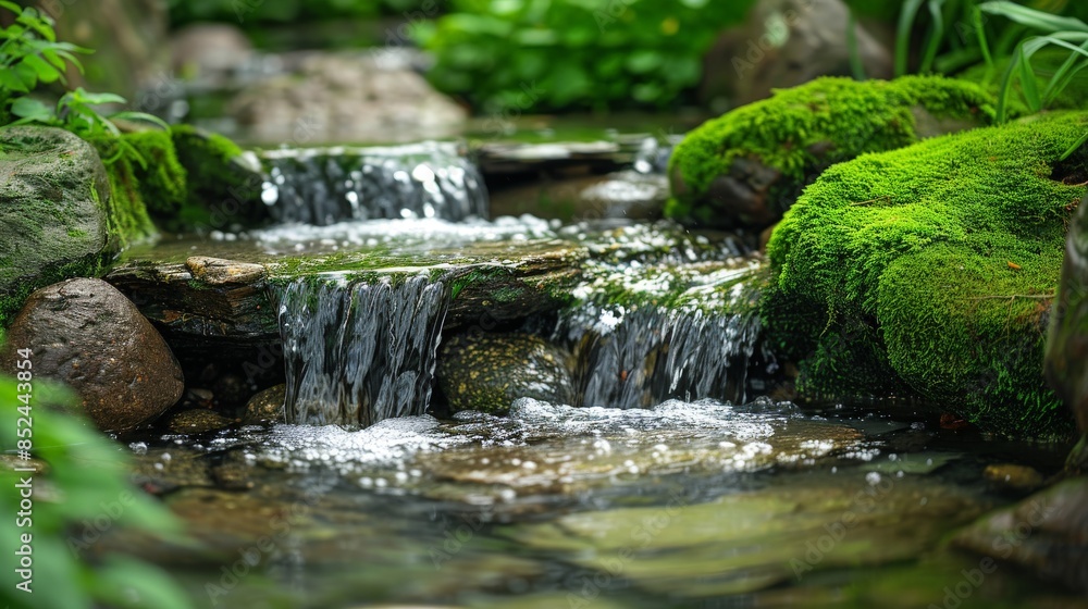 Tranquil Mossy Stream in a Lush Garden Tranquil Mossy Stream in a Lush Garden