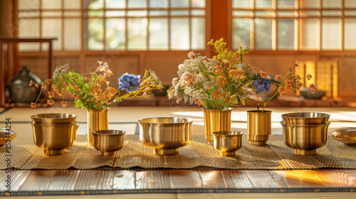 Opulent golden Japanese tea ceremony utensils arranged on a woven tatami mat, ikebana flowers in a vase photo