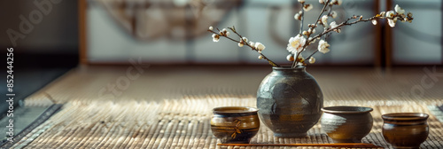 Opulent golden Japanese tea ceremony utensils arranged on a woven tatami mat, ikebana flowers in a vase