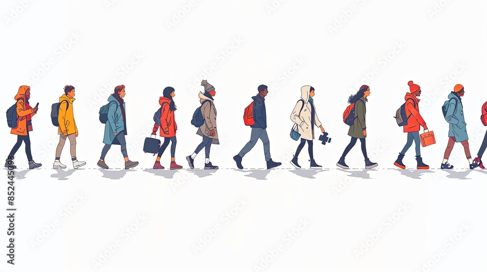 Set of walking people. Diverse pedestrians walk, tourist with camera, businessman, teenager, student or schoolgirl, courier passerby characters, young men and women, Line art flat vector illustration Set of walking people. Diverse pedestrians walk, tourist with camera, businessman, teenager, student or schoolgirl, courier passerby characters, young men and women, Line art flat vector illustration