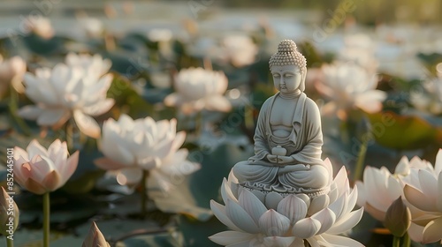 realistic photography of buddha statue at the lotus flower in the pond ilusration photo