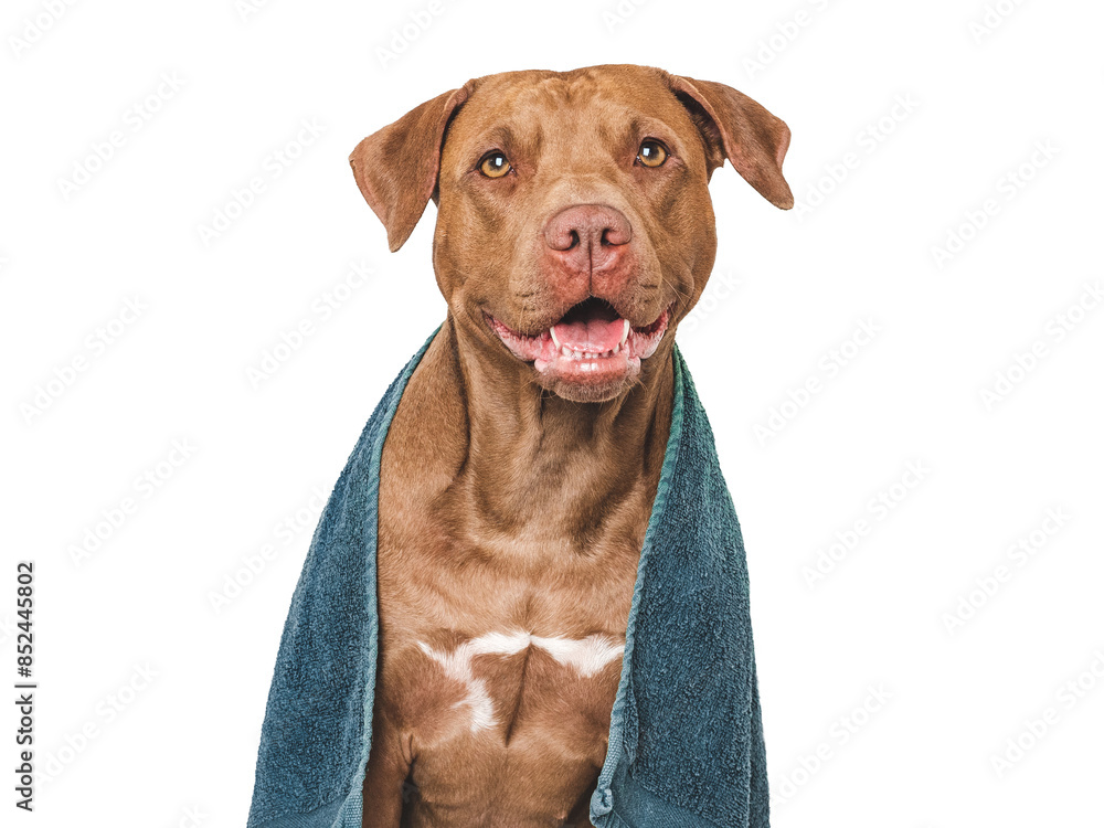 Cute brown dog and blue towel. Grooming dog. Close-up, indoors. Studio shot. Concept of care, education, obedience training and raising pets Cute brown dog and blue towel. Grooming dog. Close-up, indoors. Studio shot. Concept of care, education, obedience training and raising pets