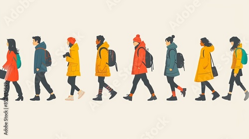 Set of walking people. Diverse pedestrians walk, tourist with camera, businessman, teenager, student or schoolgirl, courier passerby characters, young men and women, Line art flat vector illustration © Pattarin