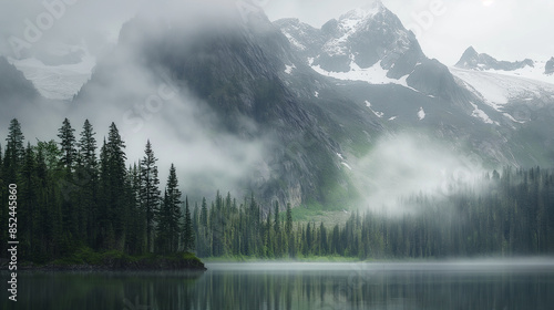 Fog rolling over mountain lake surrounded by evergreen forest