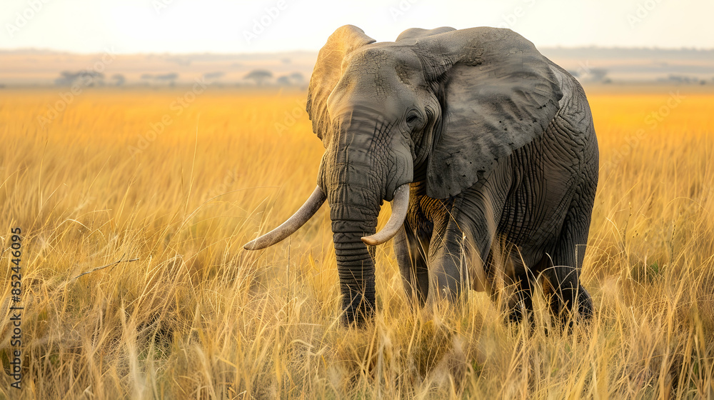 Fototapeta premium African Elephant in Golden Grass - Realistic Photo