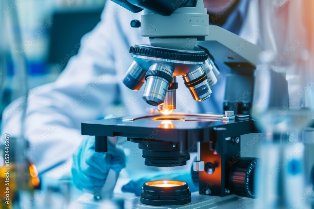 Scientist Using High Resolution Microscope to Analyze Solar Cell Material in Modern Laboratory Scientist Using High Resolution Microscope to Analyze Solar Cell Material in Modern Laboratory