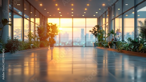 Beautiful blurred background of a light modern office interior with panoramic windows and beautiful lighting