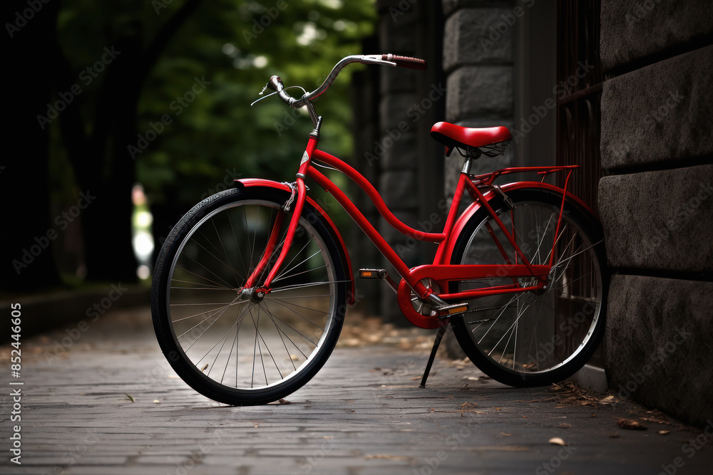 a red cycle standing on the road a red cycle standing on the road