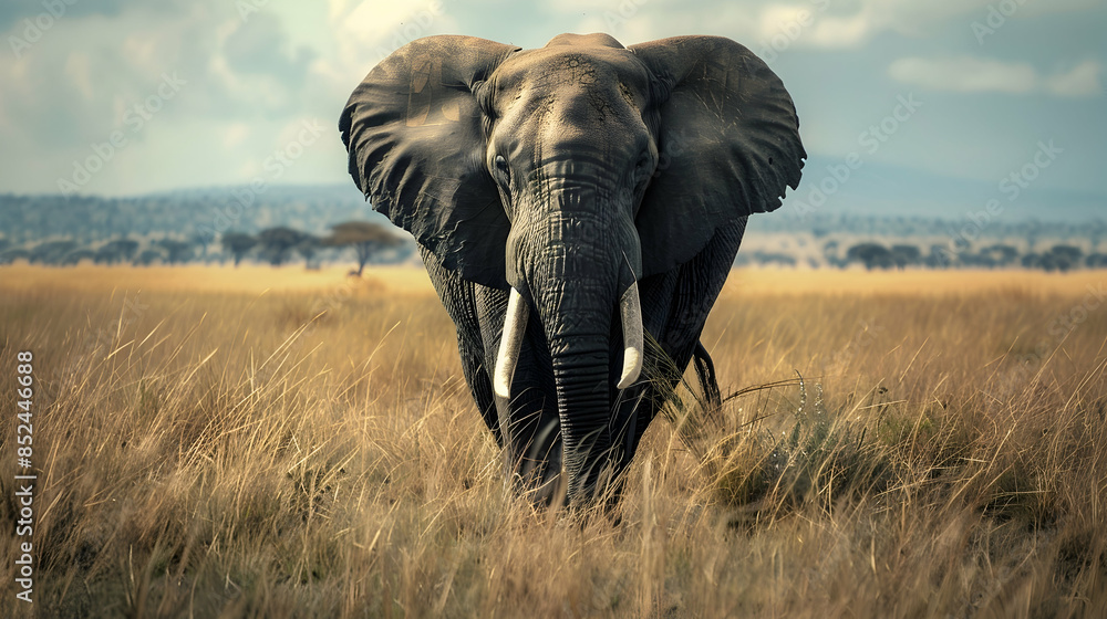 Fototapeta premium African Elephant Walking Through Tall Grass Realistic Image