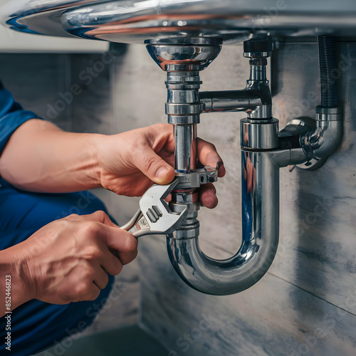 A male plumber's hand repairing a leaking sink pipe with an adjustable wrench