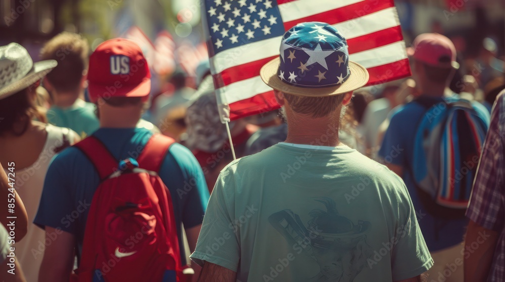 Fototapeta premium men holding an American flag, People wearing USA hat and cloth celebrating independence day.