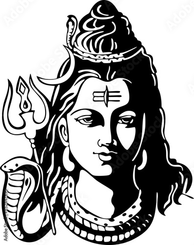 A closeup of the face of the Hindu god Lord Shiva vector design in black and white