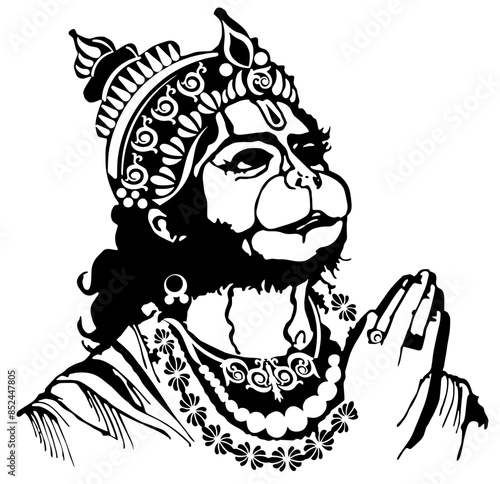 Vector illustration of Lord Hanuman giving blessing to all,  black and white Hindu God, silhouette