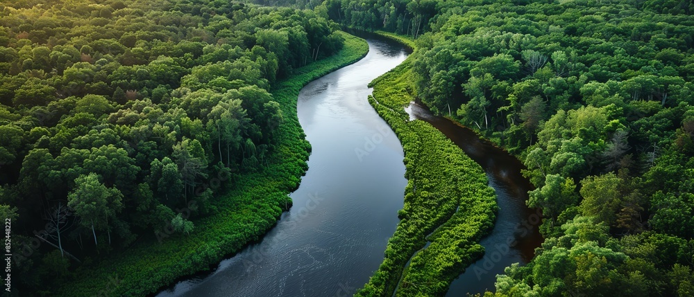 Aerial view of a winding river surrounded by lush green forest Aerial view of a winding river surrounded by lush green forest