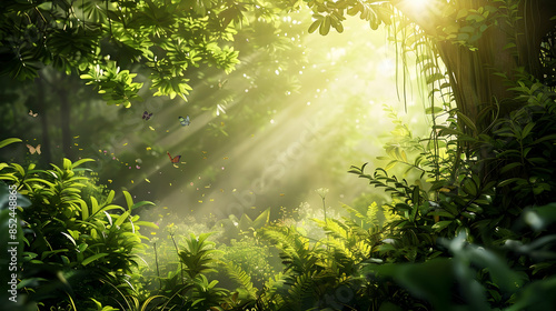 Sunlight Filtering Through Lush Green Leaves in a Tropical Jungle Illustration