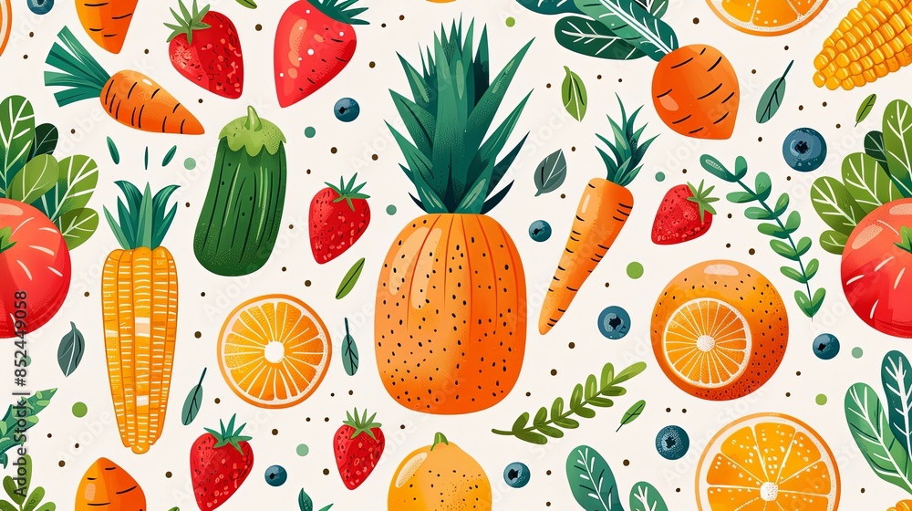 Set of vegetables illustrations. Abstract seamless pattern with icons of carrot, pumpkin, pineapple, corn and orange. Farming and healthy food. Design elements for site. Cartoon flat vector collection Set of vegetables illustrations. Abstract seamless pattern with icons of carrot, pumpkin, pineapple, corn and orange. Farming and healthy food. Design elements for site. Cartoon flat vector collection