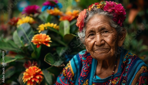 Elderly woman in vibrant clothing, lush garden background