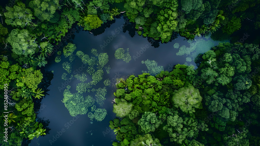 Aerial View of Lush Green Trees Surrounding a Calm Lake with Water Plants - Photo Aerial View of Lush Green Trees Surrounding a Calm Lake with Water Plants - Photo