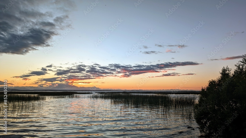 Beautiful lakeside sunset scenery, Corrib lake at Galway, Ireland