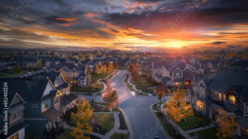 Sunset over traditional British houses with countryside in the background. A picturesque scene, created by the long shadows and warm glow
