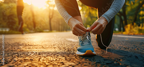 Morning Runner Tying Shoes on Park Road with Scenic View