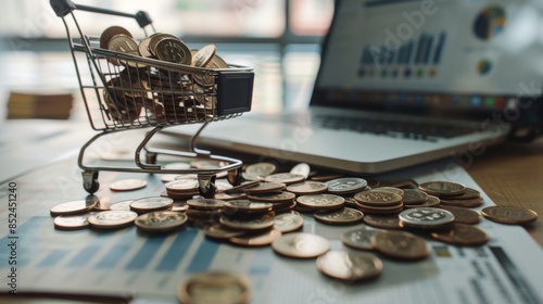 Modern Business Workspace with Laptop, Financial Documents, and Money-Filled Miniature Shopping Cart