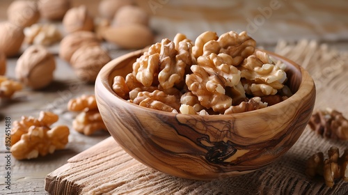 Chopped walnuts inside a bowl on a wooden background very detailed and realistic shape