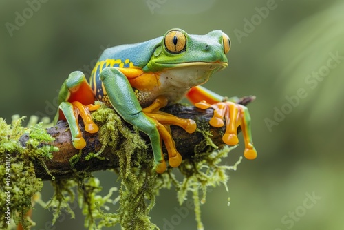  bright green tree frog perched on a mossy branch, taken in the style of macro photograph © JKIU