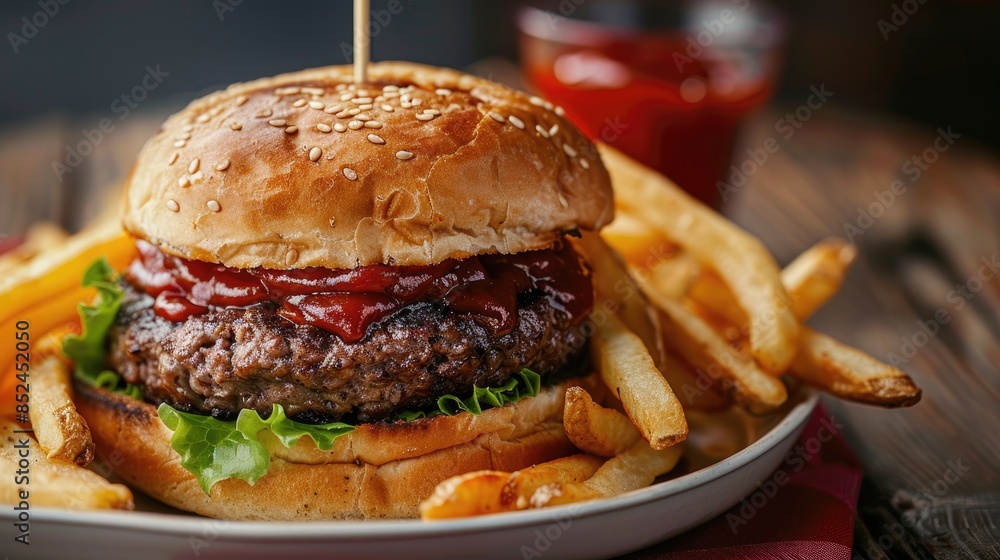 Burger presented with fries and tomato sauce on a dish Burger presented with fries and tomato sauce on a dish