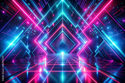 Vibrant neon flashes on black background. Electric blue and hot pink geometric patterns