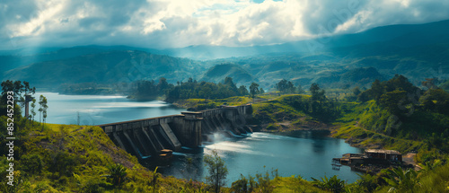 A hydroelectric dam releasing water into a river in a dense tropical rainforest, with mist-covered mountains in the backdrop. photo