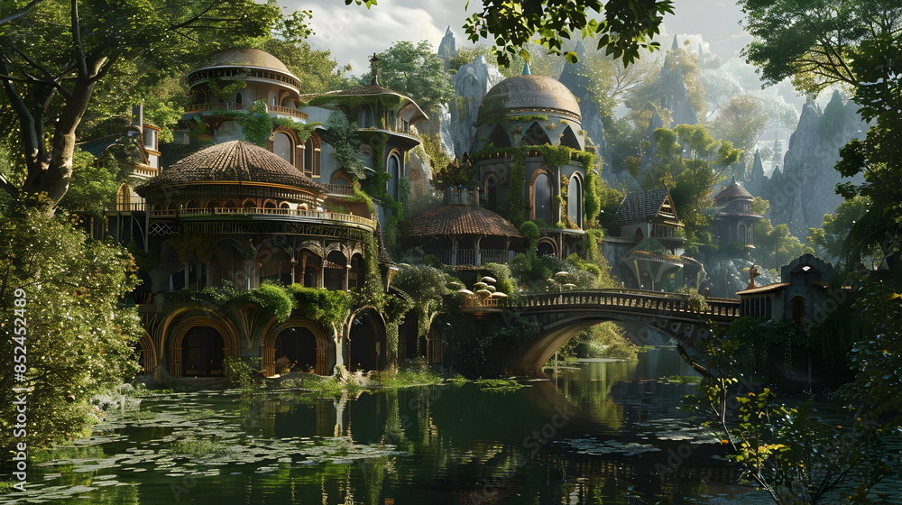 Fantasy Village Illustration with Bridge and River Fantasy Village Illustration with Bridge and River