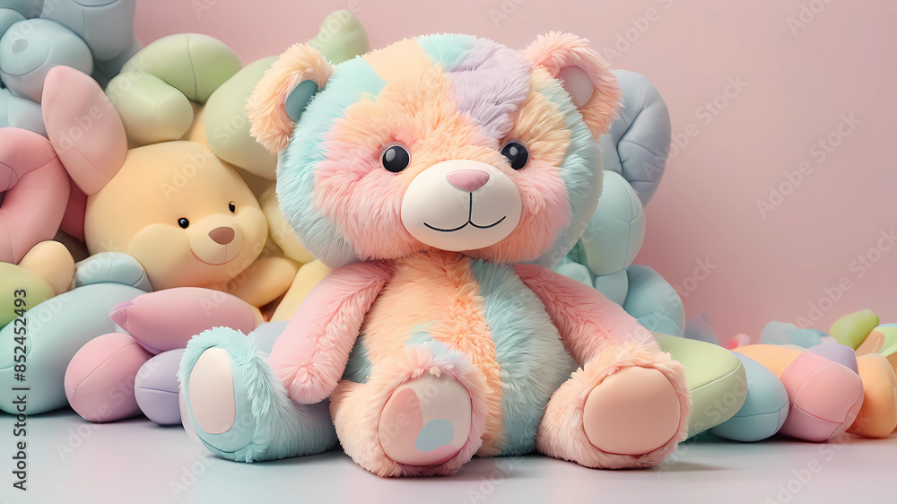 A plush children's toy is placed in the center, behind the background, with pastel shades. A plush children's toy is placed in the center, behind the background, with pastel shades.