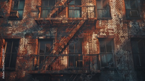 Rustic Urban Fire Escape at Dusk with Warm Tones © ikhsanhidayat