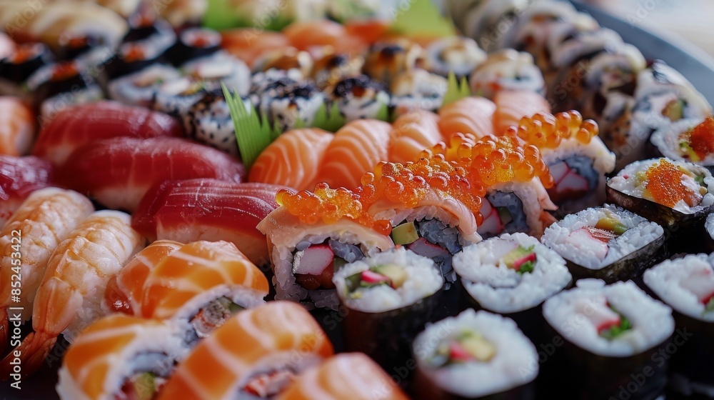 Assortment of various sushi with salmon and roe in a close-up view, showcasing an appetizing appearance Assortment of various sushi with salmon and roe in a close-up view, showcasing an appetizing appearance