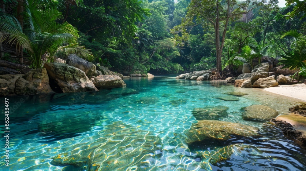 Naklejka premium Tropical Lagoon Surrounded by Lush Greenery