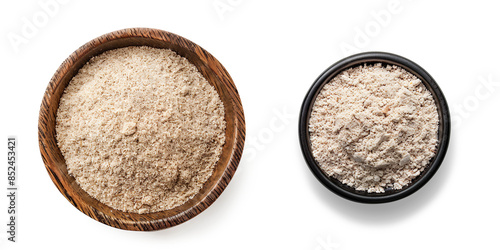 Psyllium husk powder in a wooden bowl isolated on a transparent background. photo