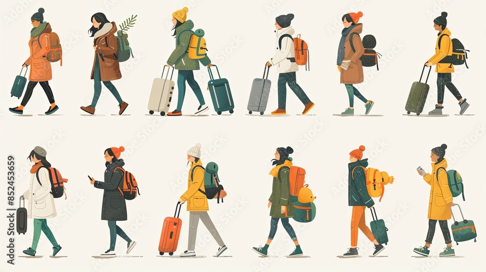 Set of tourists and travelers and airport illustrations, flat vector illustration of tourists dragging luggage, traveler, airport, airport management, tourist dragging luggage, suitcase Set of tourists and travelers and airport illustrations, flat vector illustration of tourists dragging luggage, traveler, airport, airport management, tourist dragging luggage, suitcase