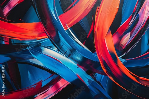 abstract composition featuring neon red and blue hues intertwined in playful, curved patterns. The artwork creates a dynamic and energetic visual experience, perfect for modern and artistic