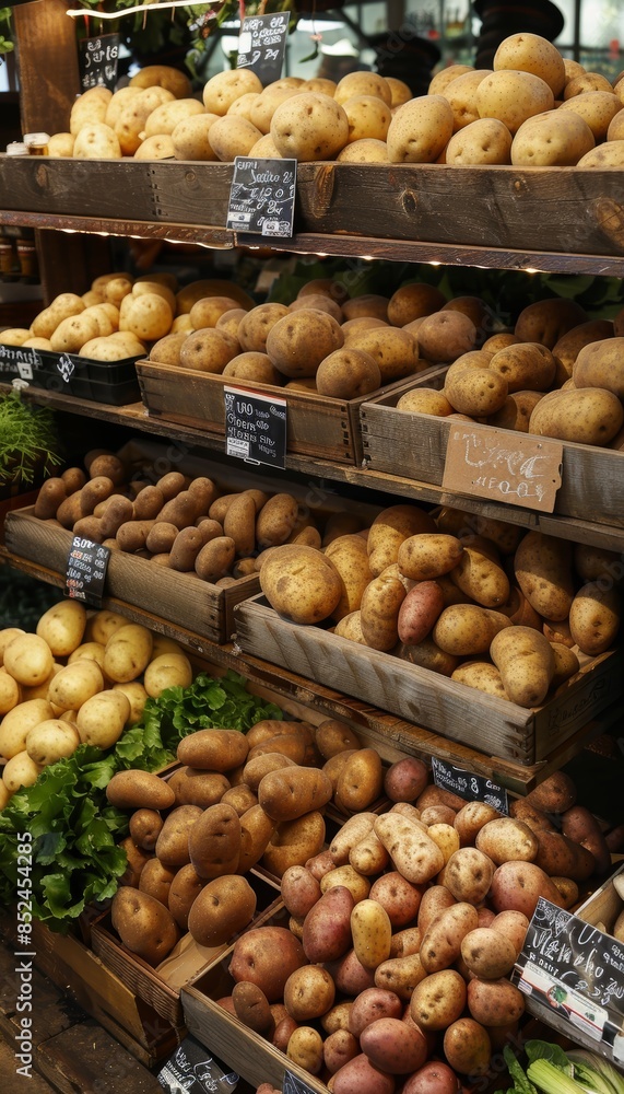 Organic Potatoes Display in Health Food Store Promoting Fresh Produce Benefits for Customers Organic Potatoes Display in Health Food Store Promoting Fresh Produce Benefits for Customers