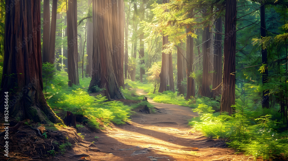 Sunlight Streaming Through Redwood Forest - Realistic Image Sunlight Streaming Through Redwood Forest - Realistic Image