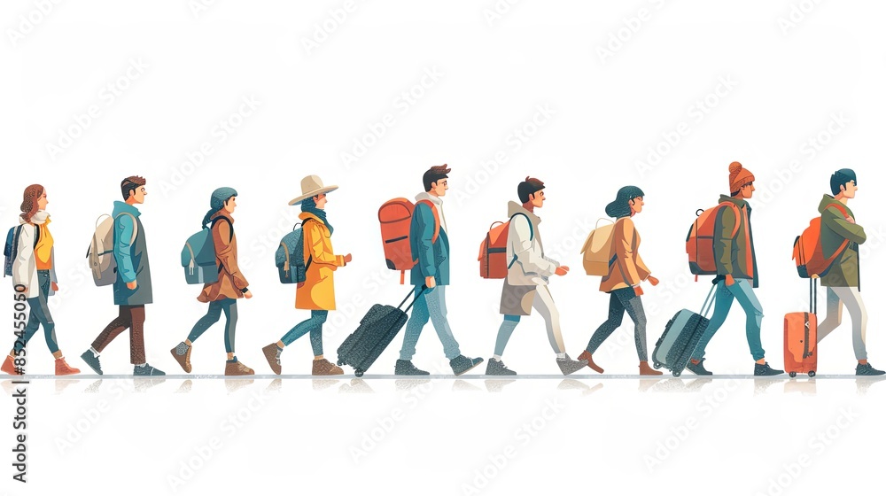 Fototapeta premium Set of tourists and travelers and airport illustrations, flat vector illustration of tourists dragging luggage, traveler, airport, airport management, tourist dragging luggage, suitcase