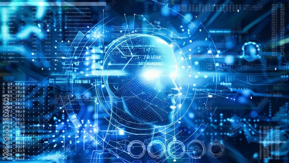 A futuristic composition with human and digital components. Artificial intelligence concept animation. A futuristic composition with human and digital components. Artificial intelligence concept animation.